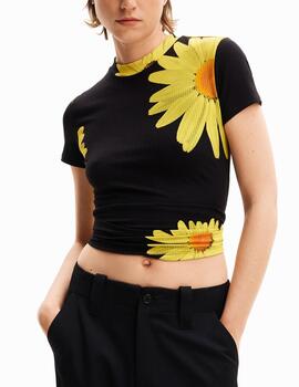 Camiseta Desigual canalé flores negro
