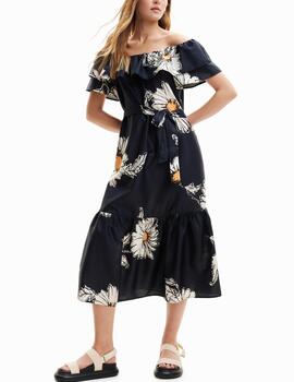 Vestido Desigual midi margaritas negro