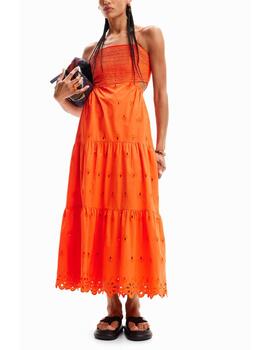 Vestido Desigual largo bordado cut-outs naranja