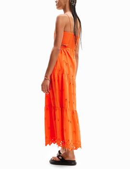 Vestido Desigual largo bordado cut-outs naranja