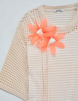 Camiseta Salsa ganchillo beige flor