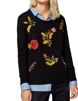 Jersey Esprit bordado flores negro